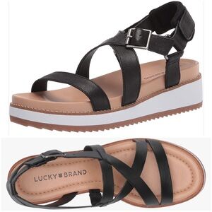 Lucky Brand Black Ticey Ankle Strap Wedge Sandal 9.5